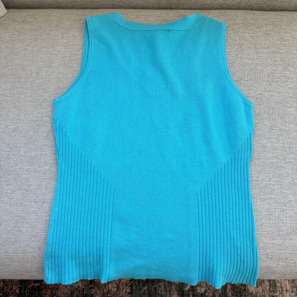90s Vintage Jeanne Pierre Knit Tank Sweater S Blue V Neck Ribbed Preppy Fairy - Picture 3 of 11